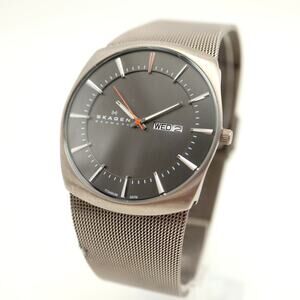 Skagen Denmark Mens 40mm Titanium Day Date Watch Mesh Bracelet w New Battery